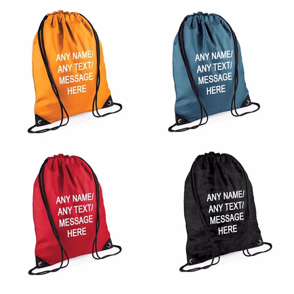 Personalised With Your Own Any Name/Message/Text Premium Drawstring Bag, Pe Gym Kit School, Swimming, Birthday/Secret Santa, Kids Sport Rucksack