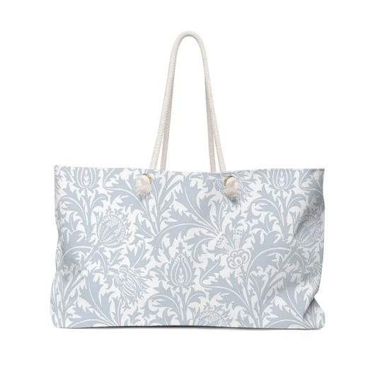 William Morris Oversized Weekend Bag | Silver Grey & White Floral Beach Large Shoulder Carryall Thistle Flowers Pattern Shopper