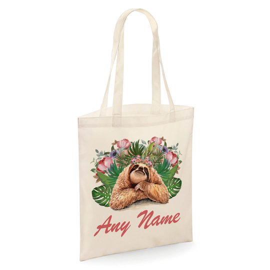 Personalised Floral Sloth Cute Gift Tote Shopper Bag - Natural