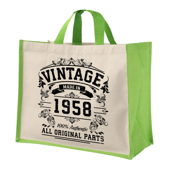 65Th Birthday Original Vintage Jute Bag Keepsake Gift For Her Birth Year 1958 Shopper Travel - Available in 4 Colours & 2 Sizes