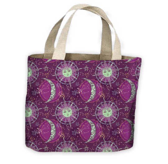 Sun & Moon Purple Pattern All Over Tote Shopping Bag For Life - Boho Bohemian Hippie
