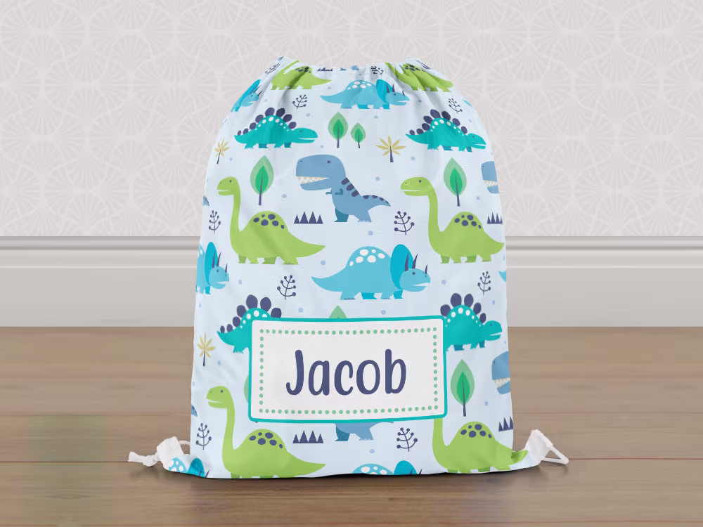 Personalised Dinosaur Gym Bag, Light Blue Boys Kids Drawstring Childrens School Pe Swim Bag | Customise With Any Name