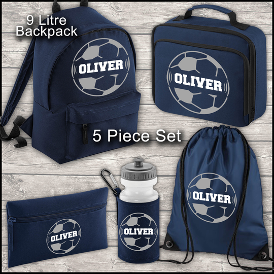 Personalised Backpack Kids 18 12 Or 9 Litre Boys Girls Football Name Lunch Bag Water Bottle Pencil Case School Pe Back To Navy
