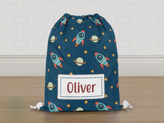 Personalised Space Rocket Ships Planets Gym Bag, Boys Kids Drawstring Childrens School Pe Swim Bag | Customise With Any Name