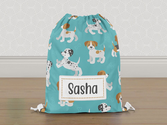 Personalised Dog Puppies L Boys Girls Gym Bag, Kids Drawstring Childrens School Pe Swim Bag | Customise With Any Name