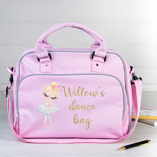 Personalised Ballet Dance Bag, Blonde Ballerina, Glitter Print, Customised, Pink Satchel, Any Name