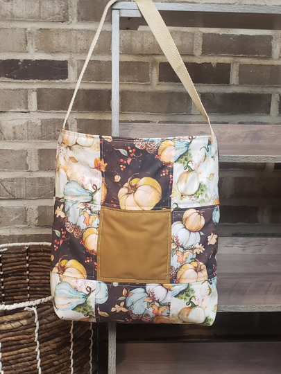 Carrier For Ipad Or Laptop, Fall Colors Quilted Tote, Autumn Feels, Brown & Blue Bag, Pumpkins Leaves