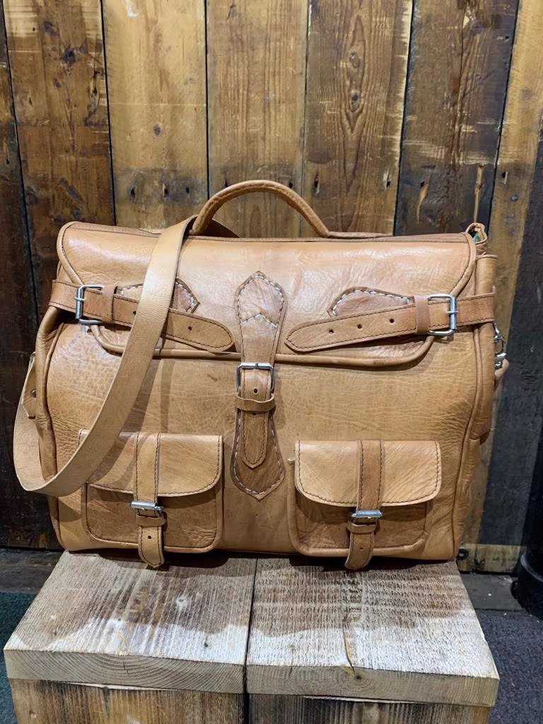 Hermes Medium in Veg Tan Travel Bag. Handmade. 100% Real Leather. Gym Overnight Shoulder Hand Luggage. Weekend