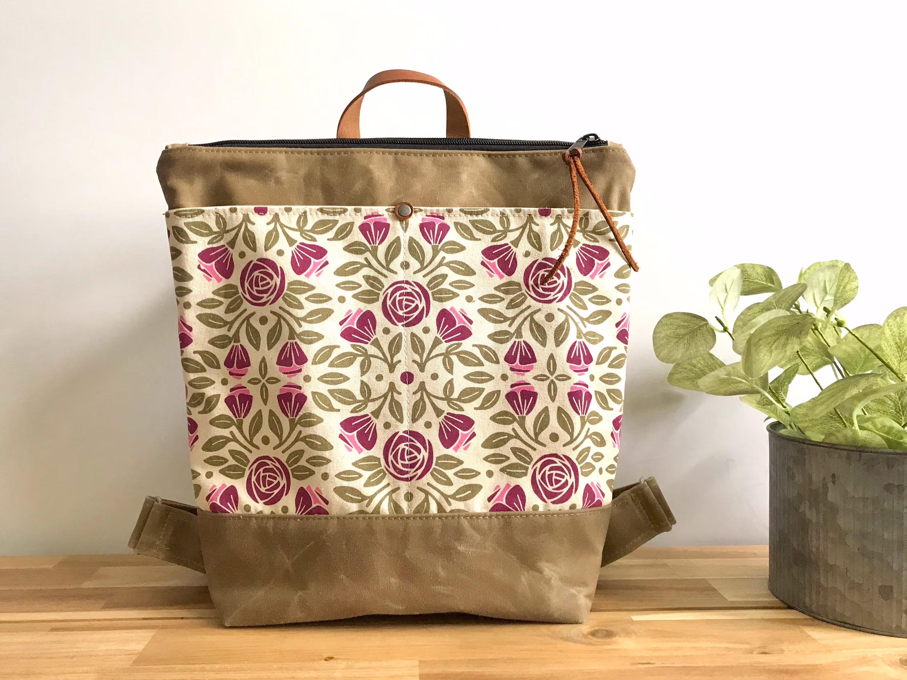 June Roses Waxed Canvas Backpack - Bag Purse Screen Printed Rose Fabric Water Resistant Flower