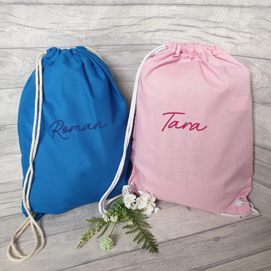 Personalised Cotton Drawstring Bag, Embroidered, Boys Personalised School Bag, Girls Pe Kit Bag