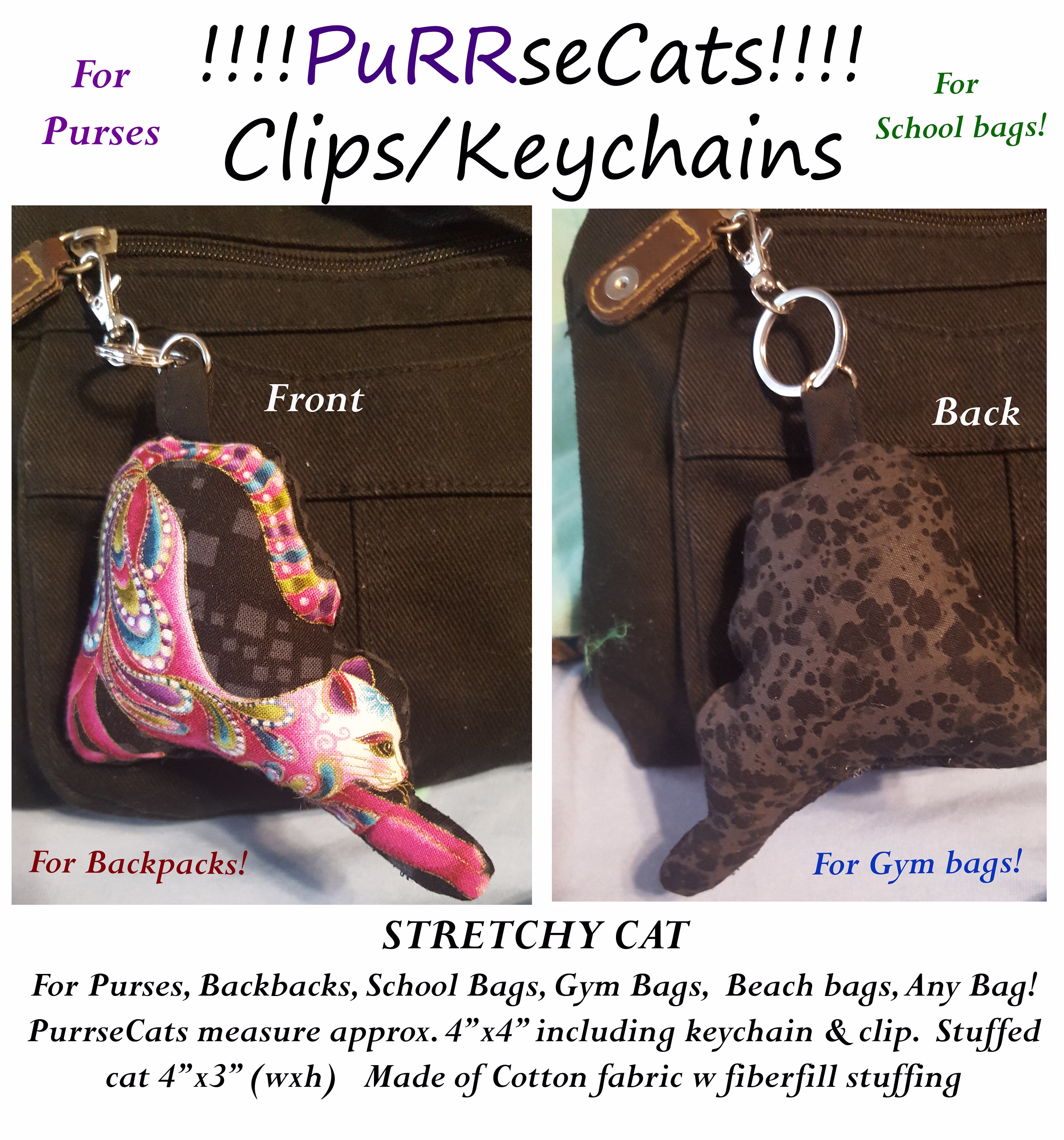 Purse Clip/Keychain/Accessory Stuffed Fabric Cat Sewn With Clip&keychain; For Purses Schoolbags Backpacks Gym Bags Beach