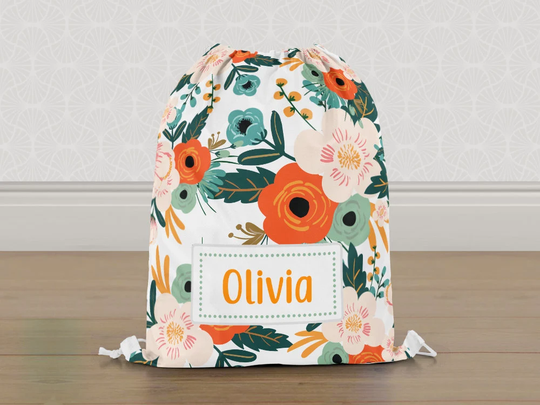 Personalised Floral Flowers Gym Bag, Cute Girls Kids Drawstring Childrens School Pe Swim Bag | Customise With Any Name