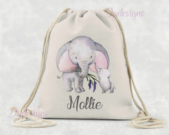 Personalised Bag Dance Gym Baby Gift Drawstring Linen Baby & Mummy Elephants