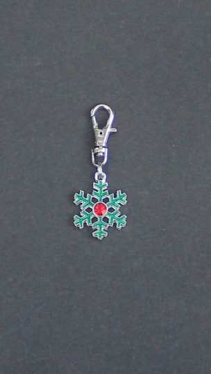 Snowflake Zipper Charm-Green Enamel-Red Center Rhinestone-Silver Tone