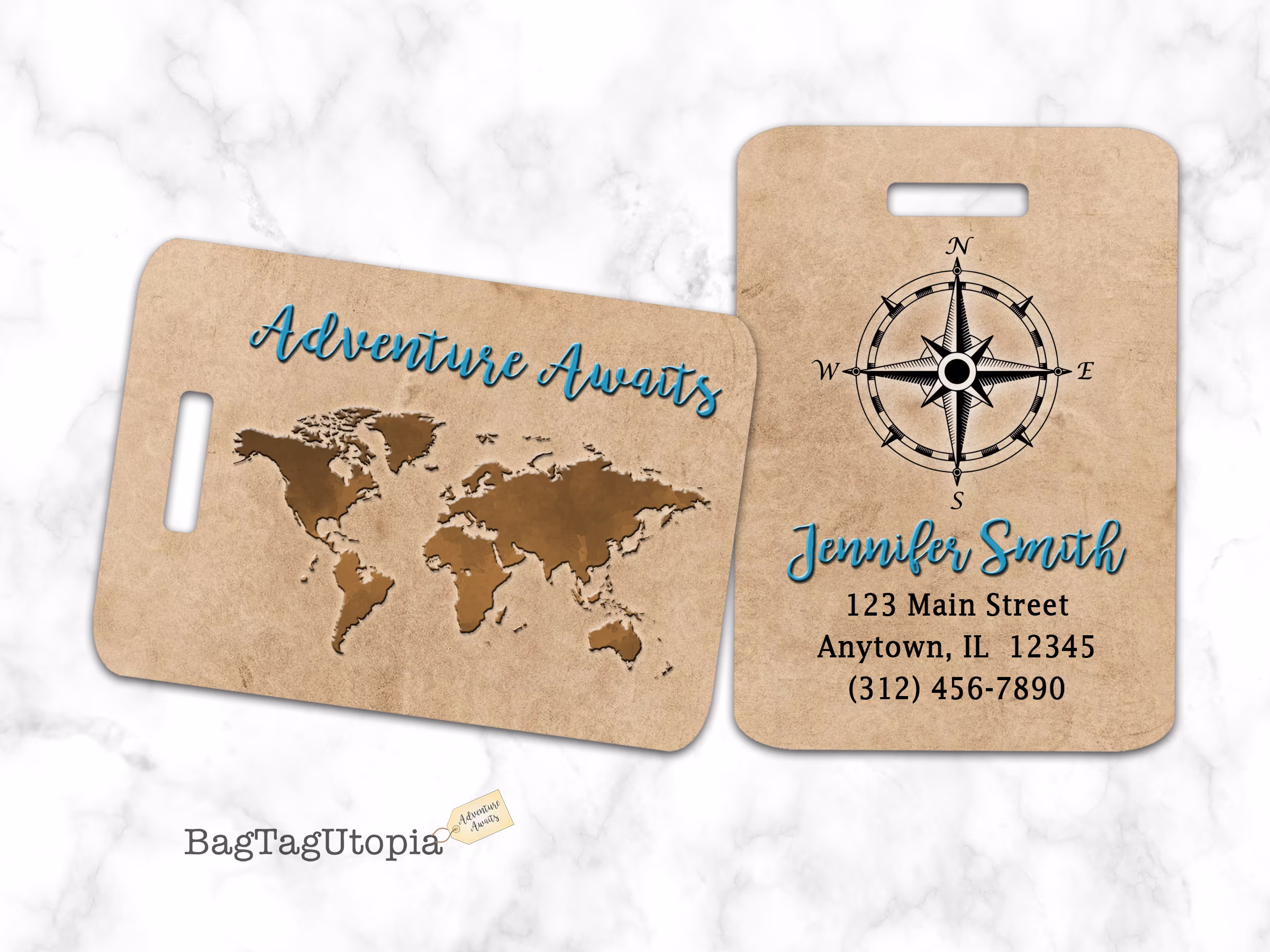 Adventure Awaits Luggage Tag, Bag World Map, Personalized