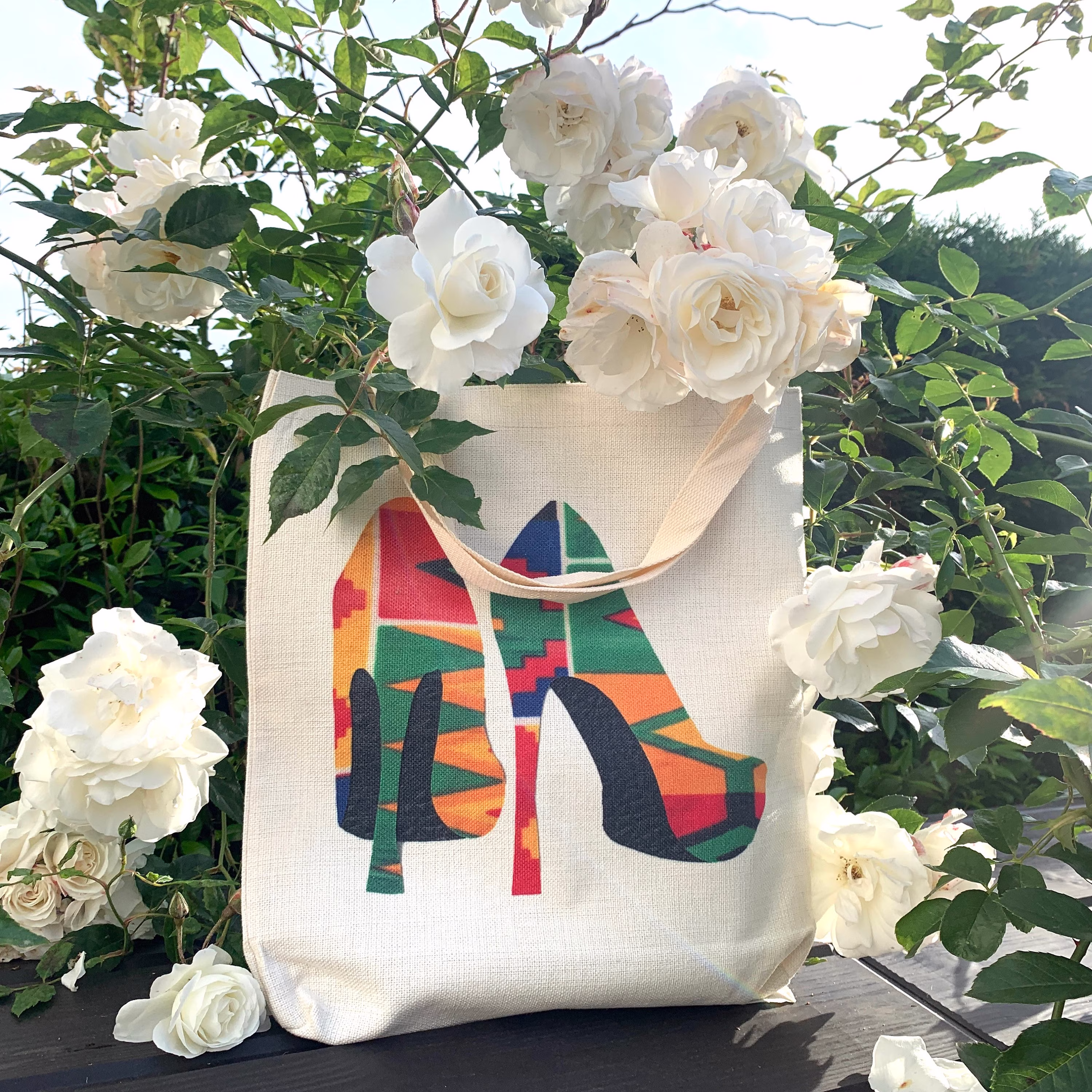 High Heel Tote Bags, Cotton Or Linen Fabric, Shoe Designs in African Fabrics, Foldable Carry All Shopping Everyday School Bag