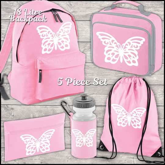 Butterfly Backpack Kids 18 12 Or 9 Litre Boys Girls Lunch Bag Water Bottle Pencil Case School Pe Back To Pink