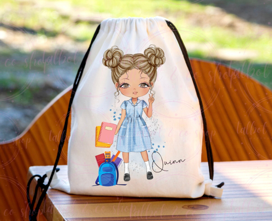 Personalised Blue School Girl Drawstring Bag, P.e Kit Back To Nursery Kids Swim Gym Dance
