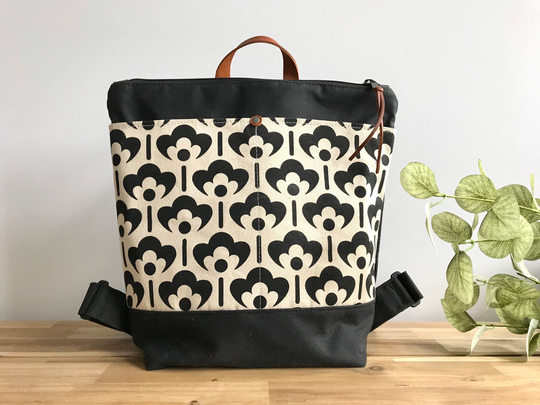Waxed Canvas Backpack - Bag Purse Screen Printed Meadow Flower Pattern Water Resistant Black A
