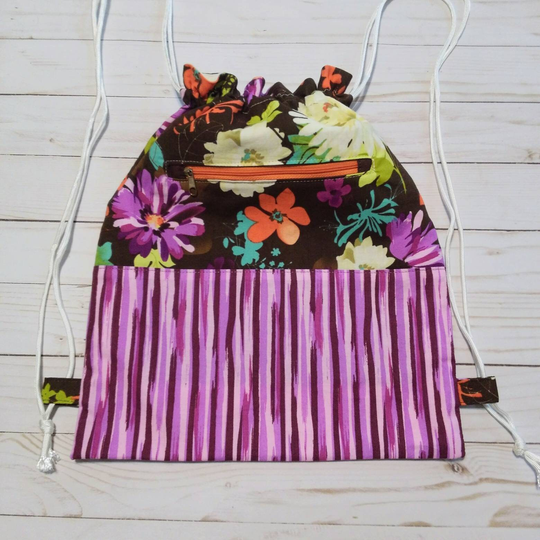 Brown Floral Cinch Backpack, Lined Cotton Fabric Drawstring Tote, Burgundy Paintbrush Stripes, Zippered Pocket, Handmade Usa, Free Shipping
