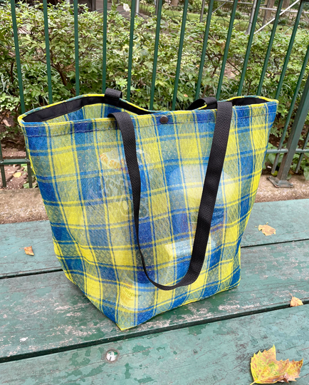 Large Blue Yellow Plaid Mexican Mesh Market Tote Bag, Mercado Beach