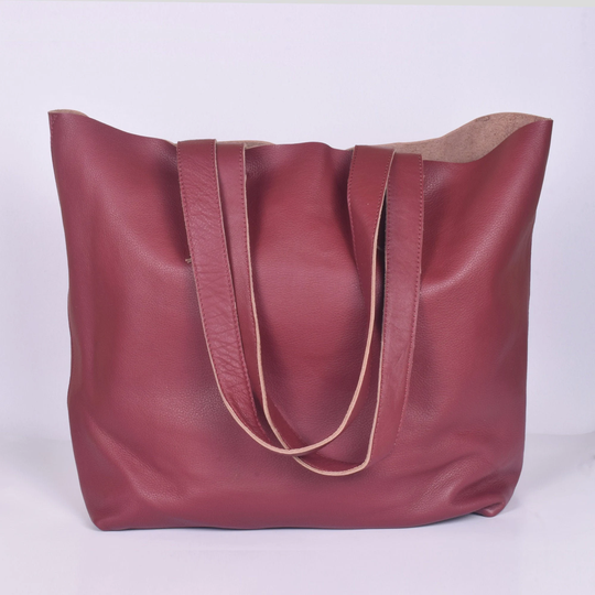 Maroon Leather Tote Bag, Raw Edge Shopper Simple Purse Unlined Bag Shoulder Large Market Everyday Travelling