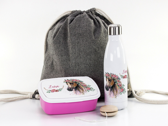 Gift Set For School, Personalized With Desired Name, Motif Horse Flowers, Bread Box, Drinking Bottle & Bag School Playschool