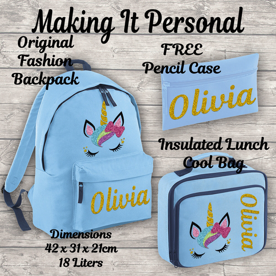 Personalised Unicorn Sky Blue 18L Backpack, Lunch Bag & Free Pencil Case Add Your Name Back To School Backpack Kids