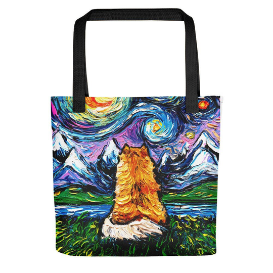 Tote - Pomeranian & Mountains Dog Starry Night Bag Handbag Artwork By Aja Dog Lover Gift Grocery Gym Overnight