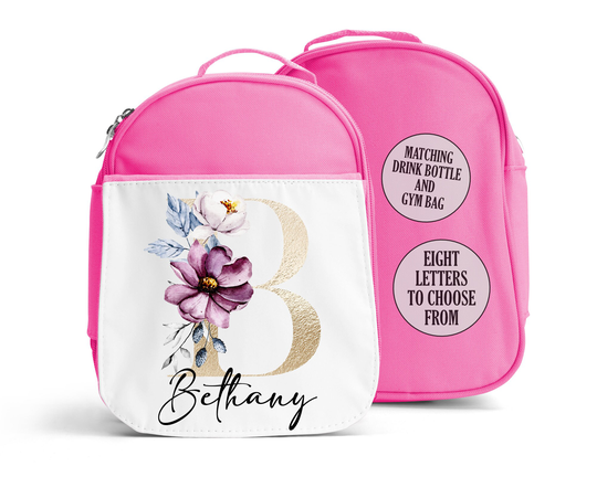 Personalised Floral Letter Lunch Bag, Bottle Bundle, Back To School Cool Bag Box, Kids Toddler Nursery, Alphabet Flowers Design
