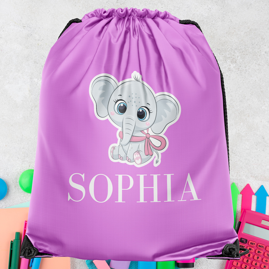 Personalised Drawstring Bag, Elephant Back To School, Gym Nursery Girls Bag Cute