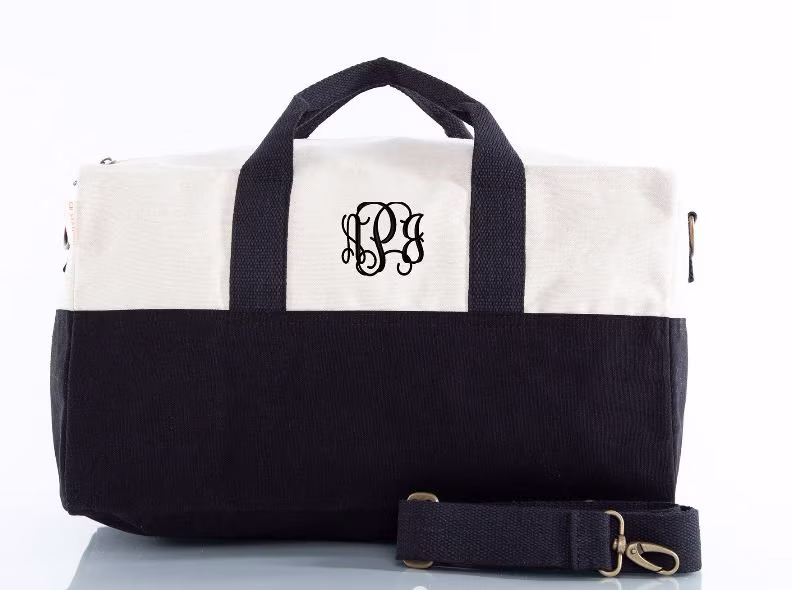 Personalized Canvas Kids Duffle, Black Trim Weekender Tote, Embroidered Luggage, Overnight Bag, Carry-On Gym