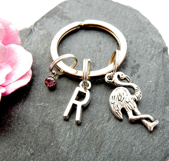 Personalised Flamingo Keychain, Birthstone Gifts, Animal Keyrings, Gift For Her