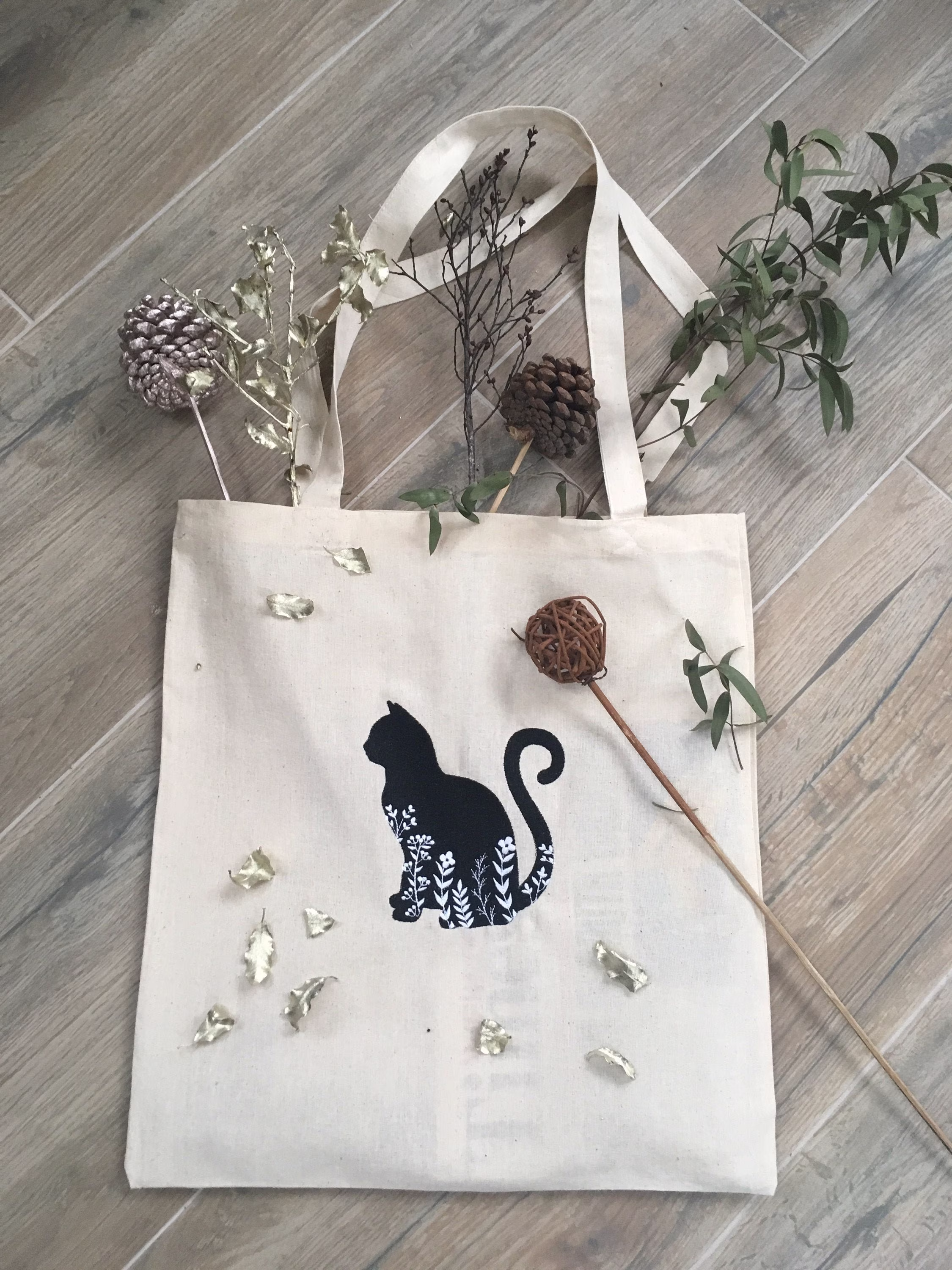 Cat Tote Bag | Flower Personalised Gift Idea For Her Embroidery Natural White Line Art Ecofriendly Cotton