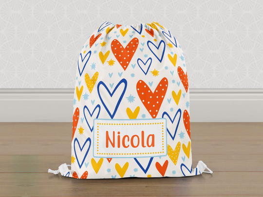 Personalised Love Hearts Gym Bag, Cute Girls Kids Drawstring Childrens School Pe Swim Bag | Customise With Any Name
