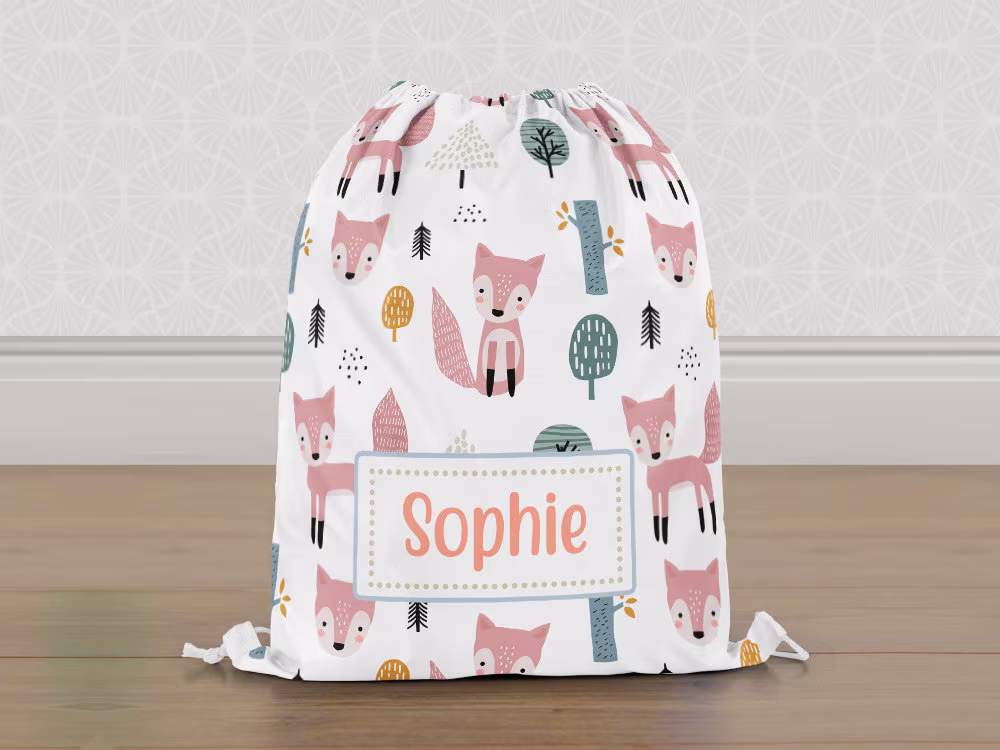 Personalised Fox Gym Bag, Hand Drawn Girls Kids Drawstring Childrens School Pe Swim Bag | Customise With Any Name
