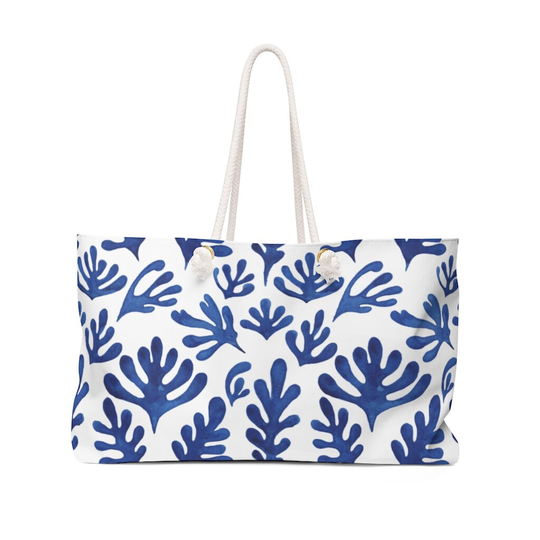 Matisse Oversized Weekend Bag | Blue & White Pattern Beach Large Shoulder Carryall Botanical Art Summer Shopper Tote