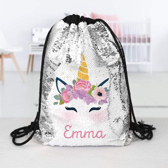 Unicorn Custom Kids Sequin Drawstring Bag | Personalized Backpacks |Custom Made To Order Personalize With Name Made in Usa Ships Fast