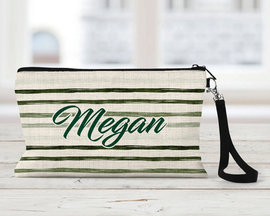 Natural Green Stripes Makeup Bag, Personalized, Linen, Zipper Pouch, Tech Accessory Art Or Journaling Pouch