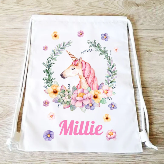 Lovely Unicorn Bag Drawstring Backpack Pe Gym Girls Sports Personalised School Swim