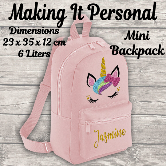 Personalised Unicorn Backpack Bag Rucksake Girls Pink Add Your Name Mini Essential Fashion Kids Size 6 Litres