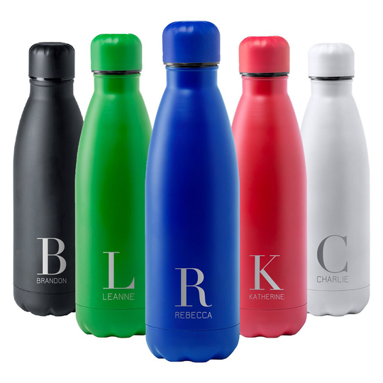 Personalised Metal Matt Water Bottle Sports Yoga Gym Flask - Custom Name & Initial Monogram Black White Red Blue Green Pink Orange Yellow