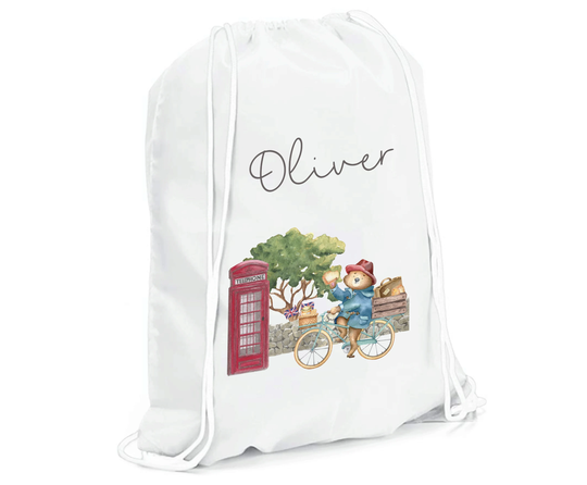 Personalised White Drawstring Bag - Kids P.e Gym Swimming Toy Little London Bear