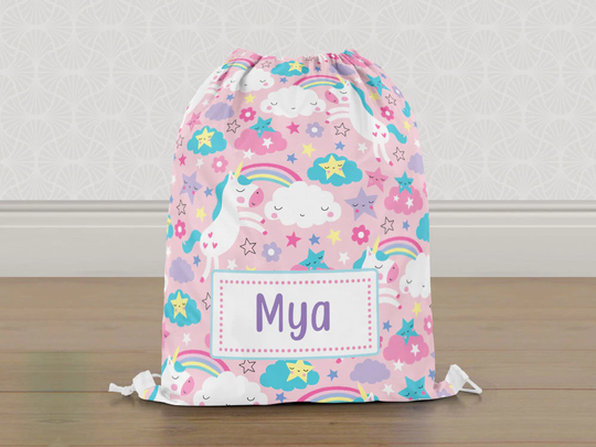 Personalised Unicorn Pink Rainbow Gym Bag, Girls Kids Drawstring Childrens School Pe Swim Bag | Customise With Any Name