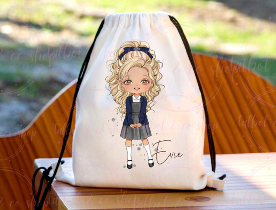 Personalised Navy & Grey School Girl Drawstring Bag, P.e Kit Back To Nursery Kids Swim Gym D