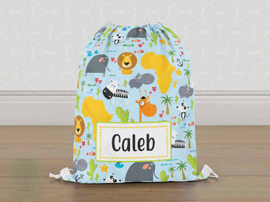Personalised Safari Animals Africa Gym Bag, Boys Girls Kids Drawstring Childrens School Pe Swim Bag | Customise With Any Name