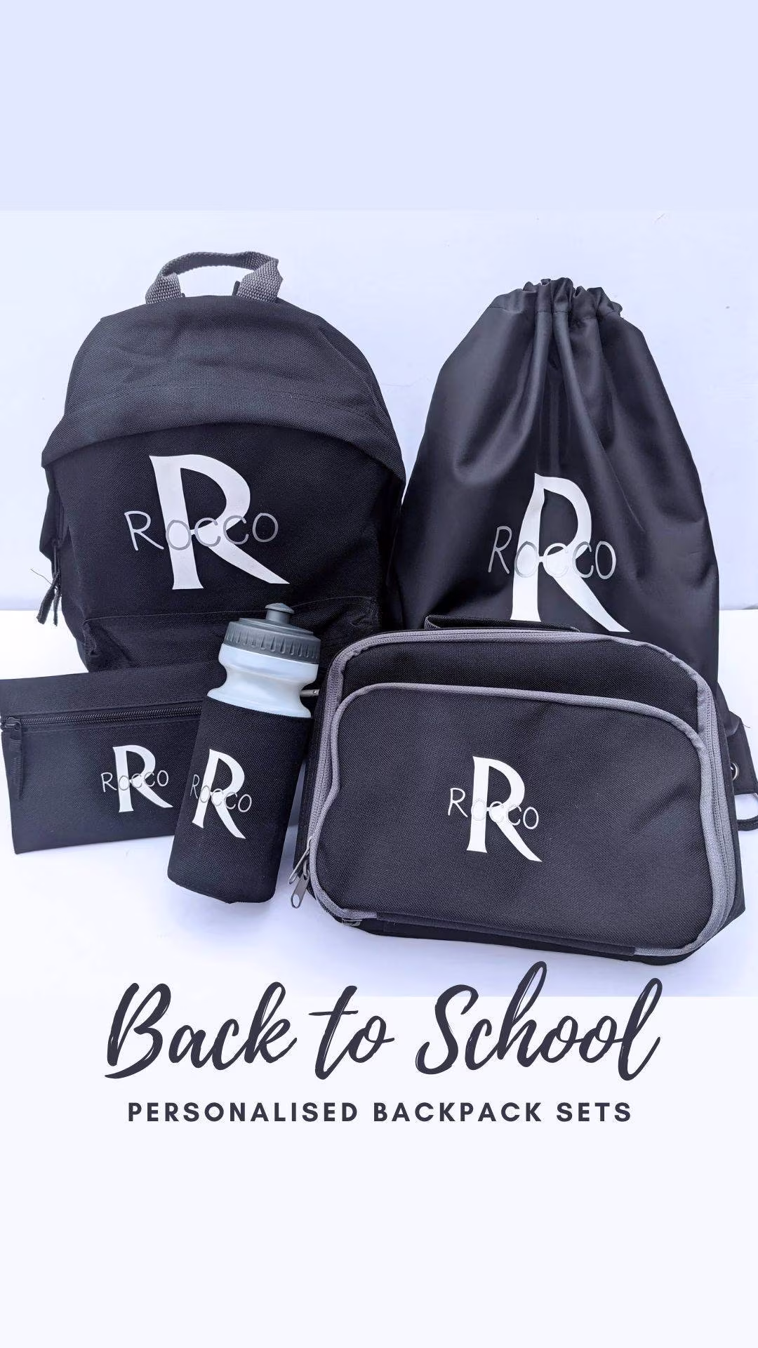 Personalised Back To School Backpack Bundle | Pencil Case, Gym Bag, Water Bottle, Lunch Matching Set Custom Bag