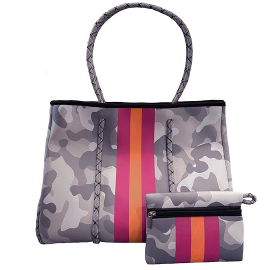 Grey Camo Neoprene Tote, All Purpose Everyday Purse, Beach Shoulder Gift