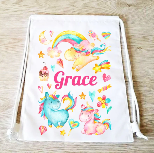 Rainbow Unicorn Bag Drawstring Backpack Pe Gym Girls Sports Personalised School Swim