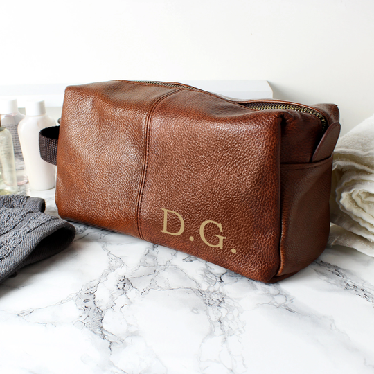 Personalised Luxury Initials Brown Leatherette Wash Bag | Mens Toilet Fathers Day Gift